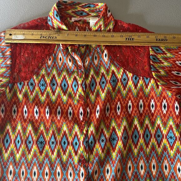 Lucy Diamonds Blouse Womens 1X Aztec Sheer Red Lace Shoulder Bright Multicolor - Picture 5 of 8